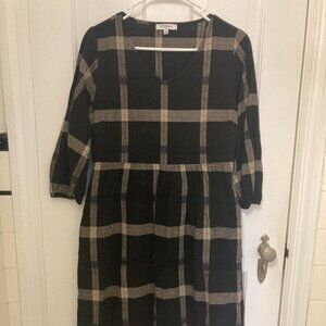 Polagram Black Tan Plaid Embroidered Puff 3/4 Sleeve Modest Midi Dress (Copy)